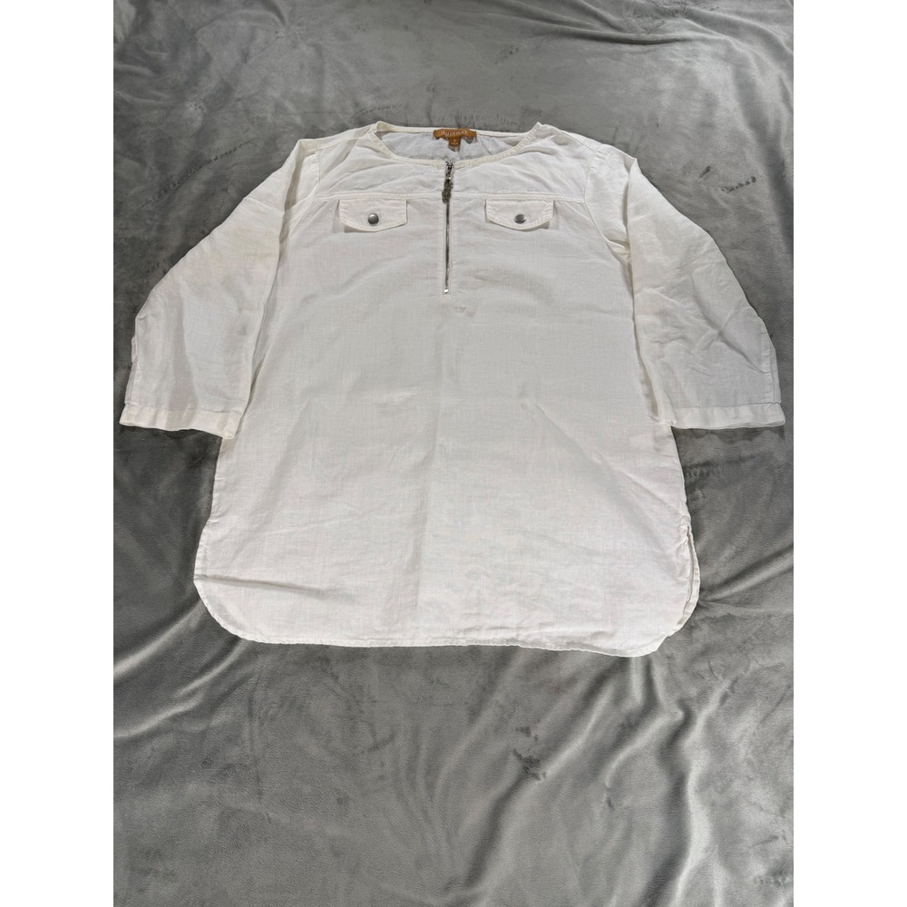 Ellen Tracy Womens Sz S 1/4 Zip White Linen Cottage Tunic Roll-Tab Sleeve Blouse